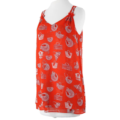 Cabi Sz XS Red White Purses Print Sleeveless V Neck Sheer 100% Polyester Top