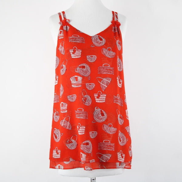 Cabi Sz XS Red White Purses Print Sleeveless V Neck Sheer 100% Polyester Top
