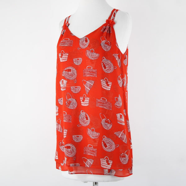 Cabi Sz XS Red White Purses Print Sleeveless V Neck Sheer 100% Polyester Top