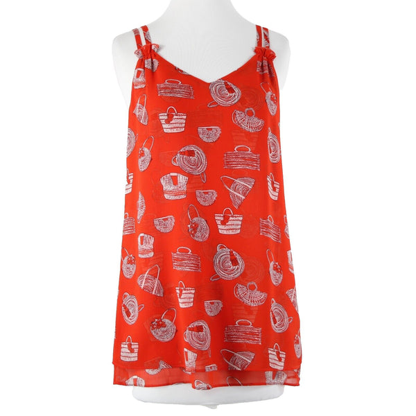 Cabi Sz XS Red White Purses Print Sleeveless V Neck Sheer 100% Polyester Top