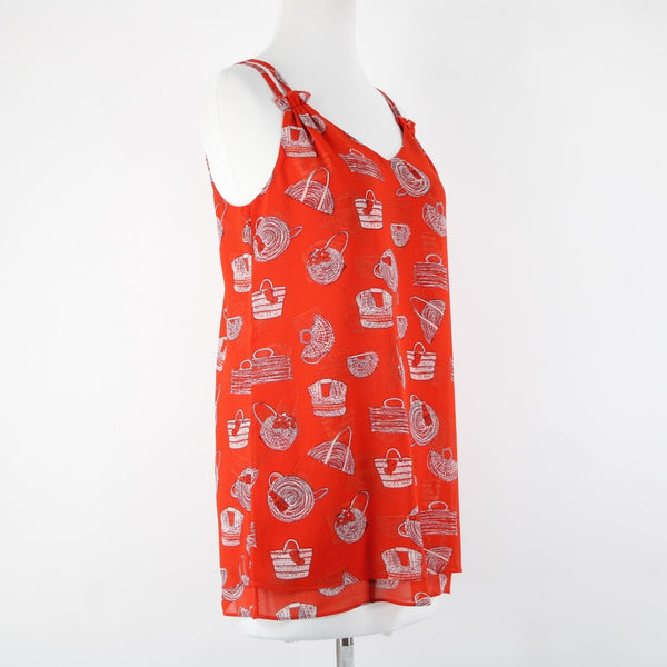 Cabi Sz XS Red White Purses Print Sleeveless V Neck Sheer 100% Polyester Top