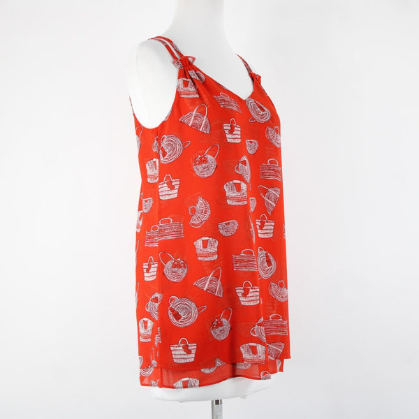 Cabi Sz XS Red White Purses Print Sleeveless V Neck Sheer 100% Polyester Top