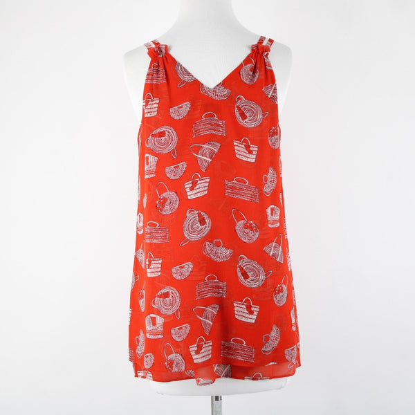 Cabi Sz XS Red White Purses Print Sleeveless V Neck Sheer 100% Polyester Top