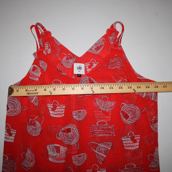 Cabi Sz XS Red White Purses Print Sleeveless V Neck Sheer 100% Polyester Top