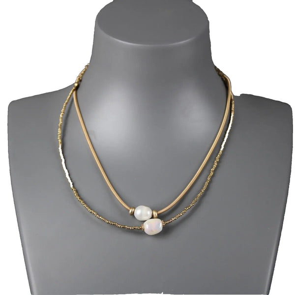 Nahmu Goldtone Pearl Beaded 2 Strand 13" w 6" Ext Boho Necklace