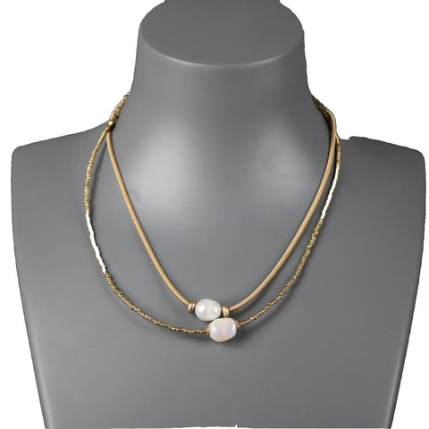 Nahmu Goldtone Pearl Beaded 2 Strand 13" w 6" Ext Boho Necklace