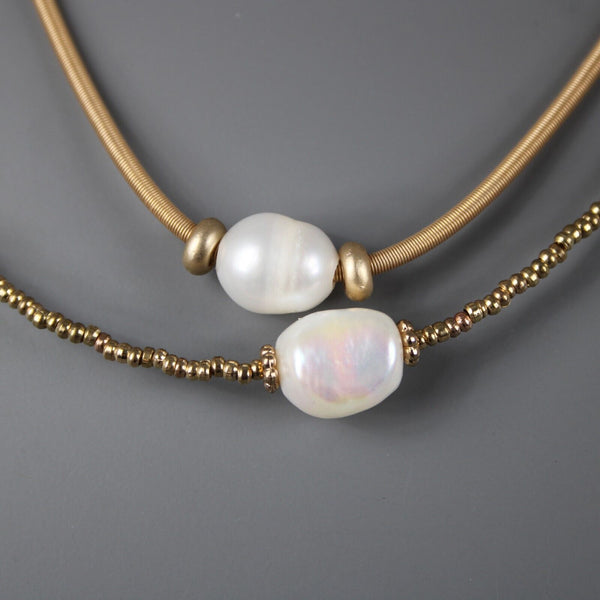 Nahmu Goldtone Pearl Beaded 2 Strand 13" w 6" Ext Boho Necklace