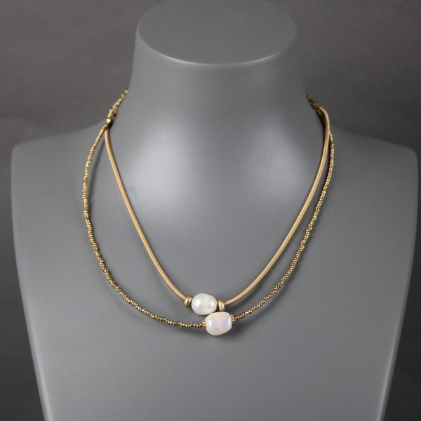 Nahmu Goldtone Pearl Beaded 2 Strand 13" w 6" Ext Boho Necklace