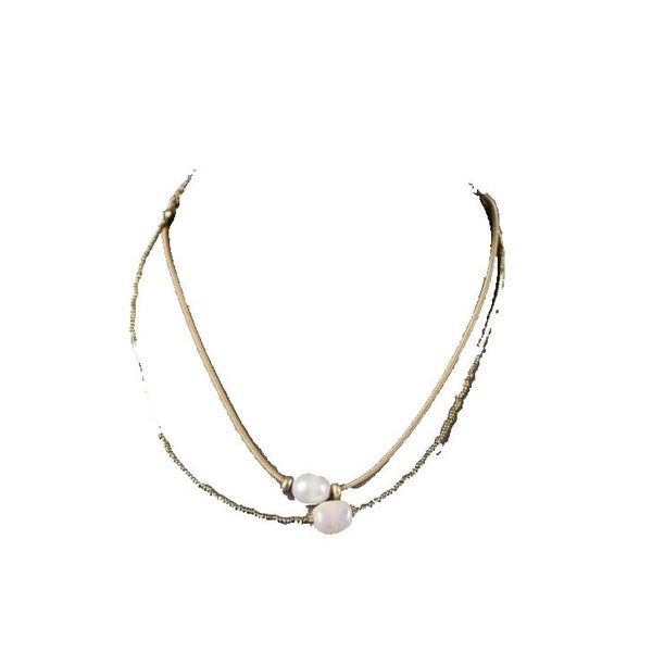 Nahmu Goldtone Pearl Beaded 2 Strand 13" w 6" Ext Boho Necklace