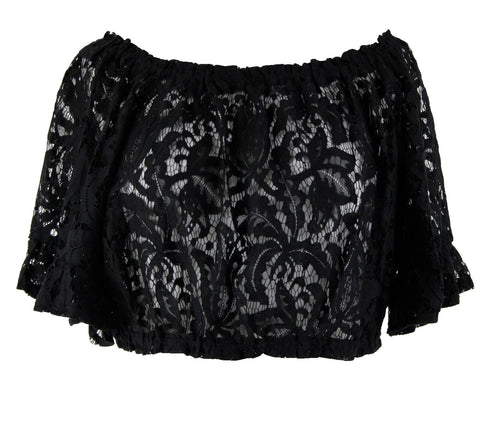 E Lady NEW Sz S Black Lace Elastic Shoulders Crop Bell Sleeve 100% Cotton Top