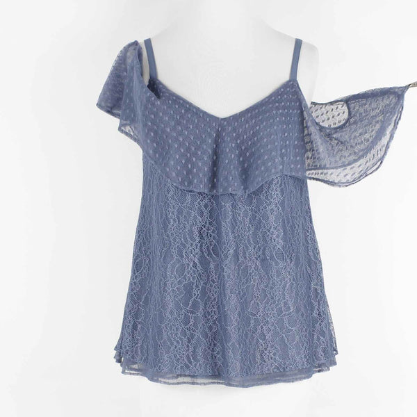 White House Black Market NEW $110 Sz S Blue Lined Lace Nylon Poly Top