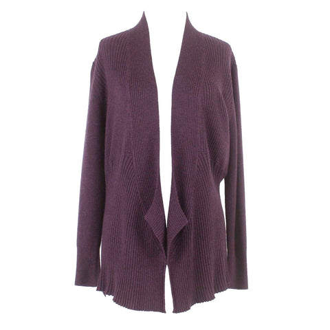 Eileen Fisher Sz M Purple Long Open Front Ribbed Knit 100% Merino Wool Cardigan