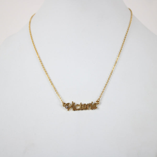 VICTORIA NEW Name Goldtone Rhinestone Accent 14.5" w 4.5 Multi Ring Ext Necklace