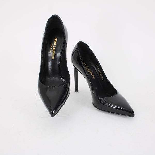 Saint Laurent ZOE Sz 35 Black Patent Leather 315534 4" Slim Square High Heels