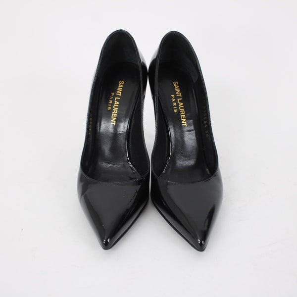 Saint Laurent ZOE Sz 35 Black Patent Leather 315534 4" Slim Square High Heels
