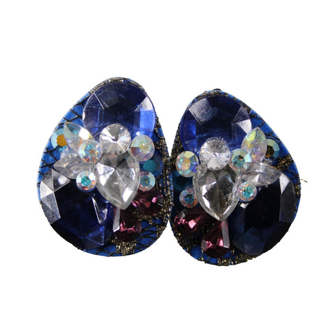K.S. VTG Designs Blue Navy Gold Purple Rhinestones 2" Clip On Earrings