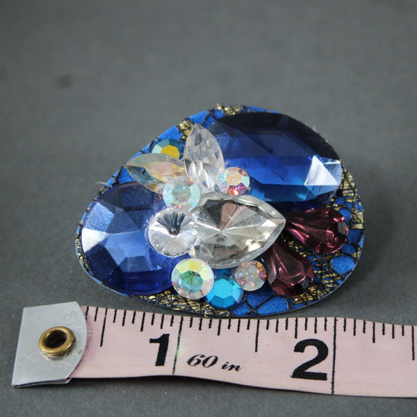 K.S. VTG Designs Blue Navy Gold Purple Rhinestones 2" Clip On Earrings