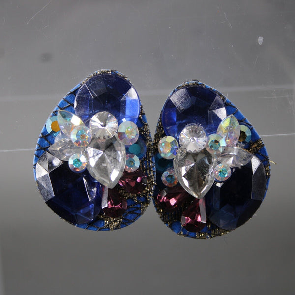 K.S. VTG Designs Blue Navy Gold Purple Rhinestones 2" Clip On Earrings