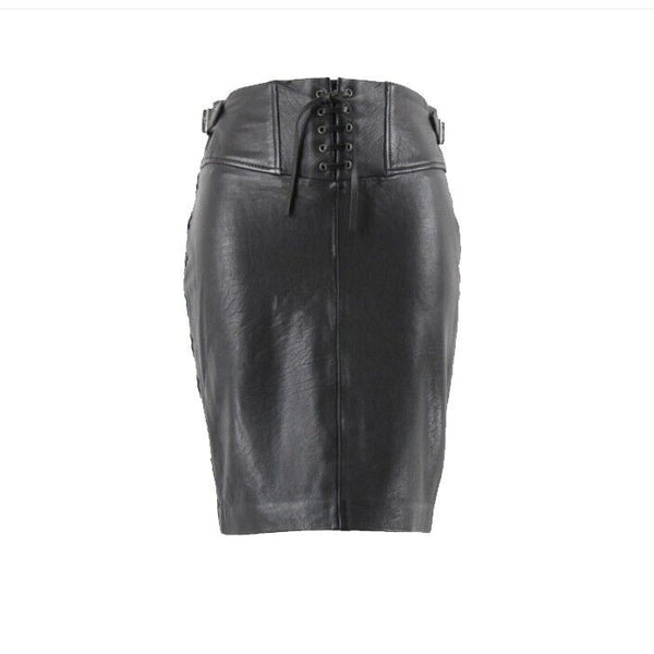 Set NEW Sz 2 Black Straight Corset Lace Front Sides Zip Back Leather Skirt