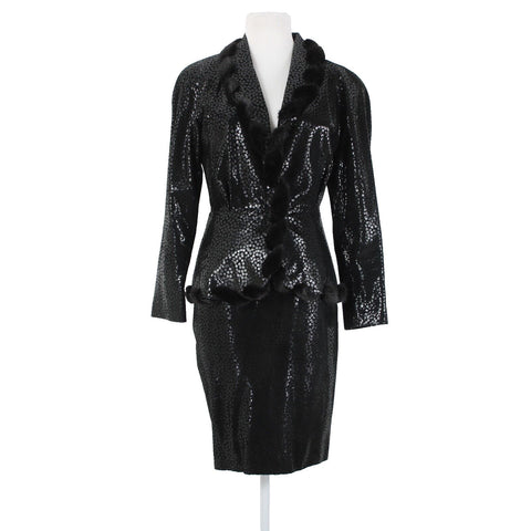 Dero Rocco D'Amelio Sz XS 4 Black Textured Leather Suede Mink Trimmed Skirt Suit