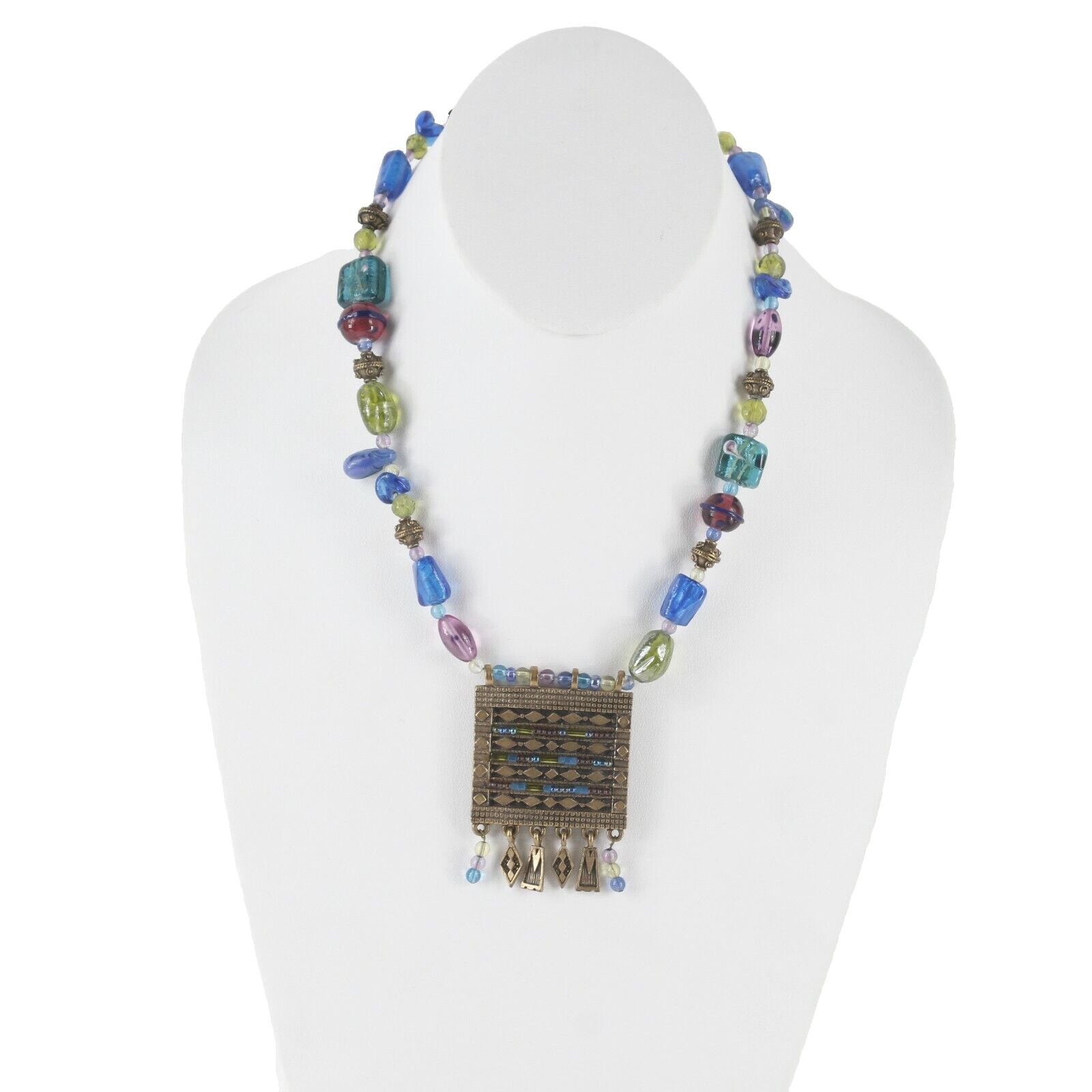 Chicos 19" Goldtone Brass Square Pendant Multi Bright Beads Necklace