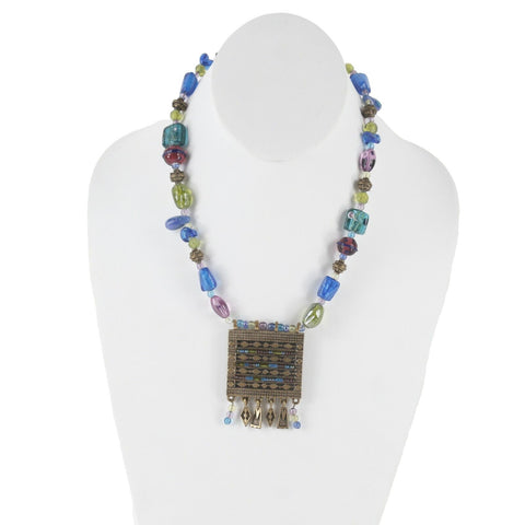 Chicos 19" Goldtone Brass Square Pendant Multi Bright Beads Necklace