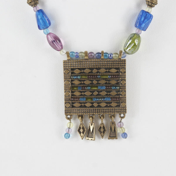 Chicos 19" Goldtone Brass Square Pendant Multi Bright Beads Necklace