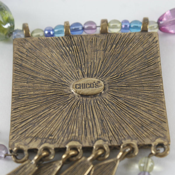 Chicos 19" Goldtone Brass Square Pendant Multi Bright Beads Necklace