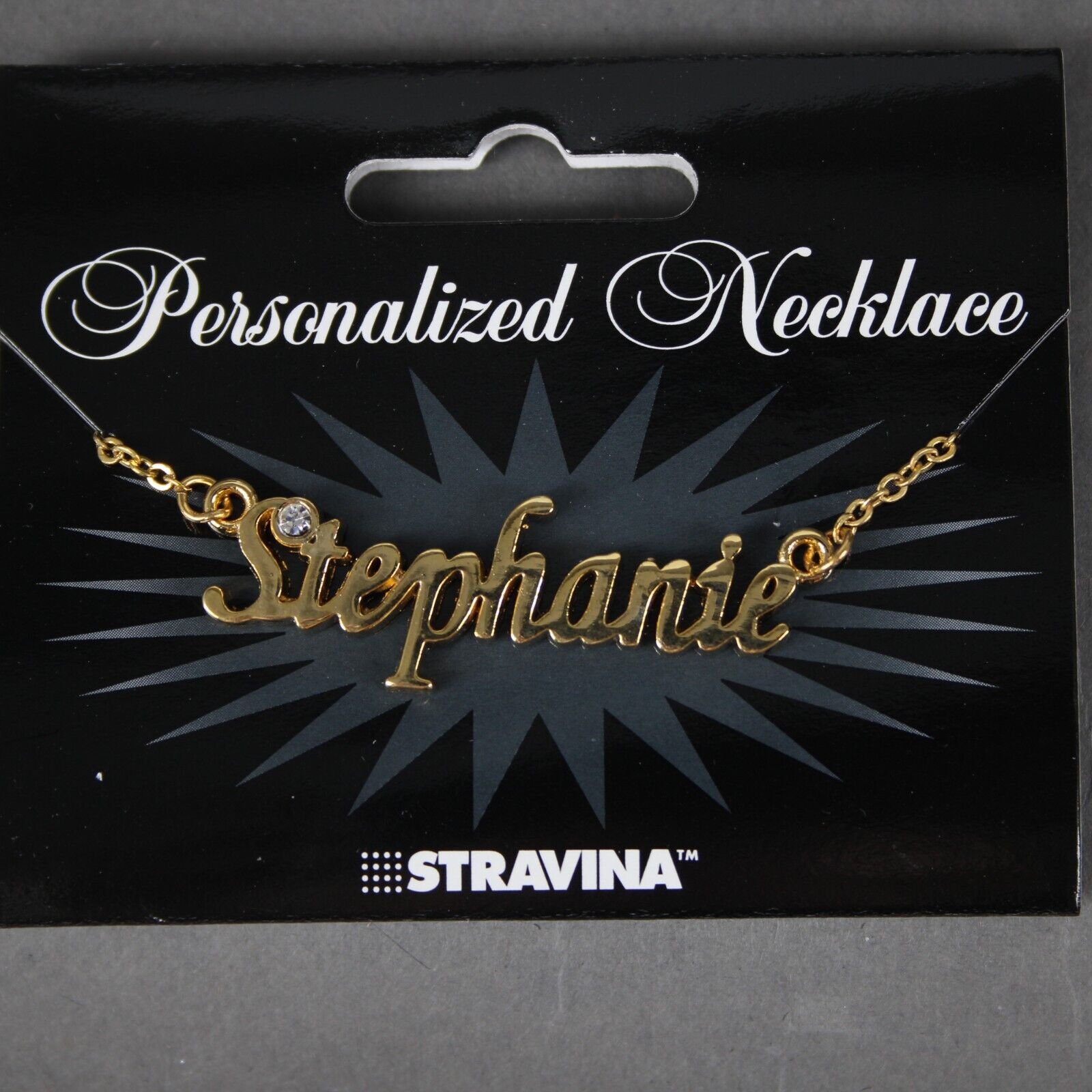 STEPHANIE NEW Name Goldtone Rhinestone Accent 14.5"w4.5" Multi Ring Ext Necklace