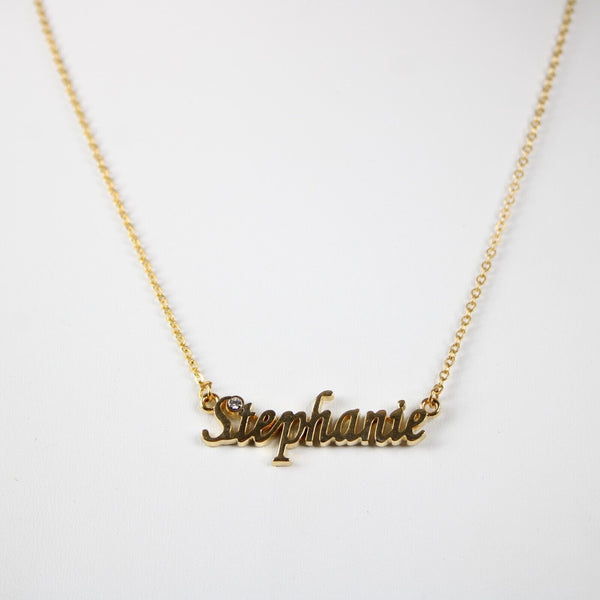 STEPHANIE NEW Name Goldtone Rhinestone Accent 14.5"w4.5" Multi Ring Ext Necklace