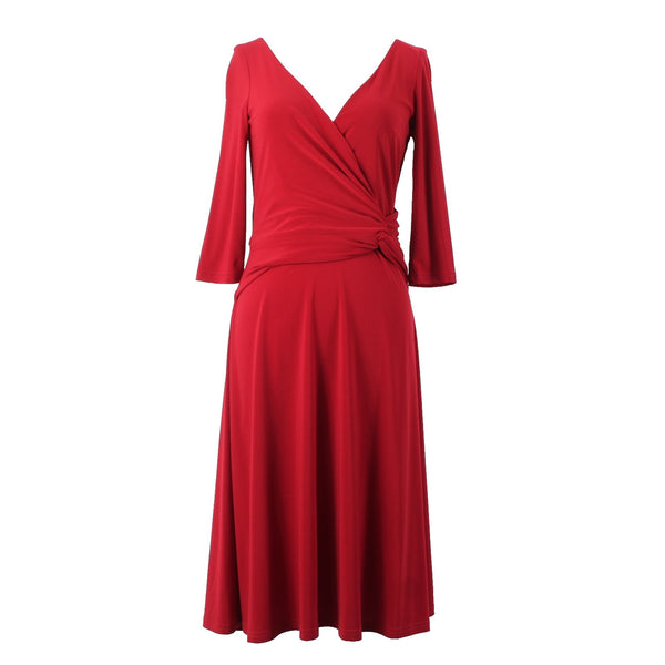 Joseph Ribkoff Dress Sz 6 Red V Neck 3/4 Sleeve Fit Flare Faux Wrap Poly Dress