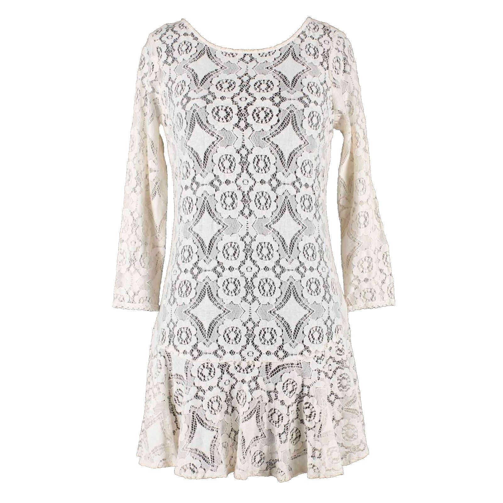 Free People Sz 2 Light Peach Sheer Lace Bottom Ruffle Short Dress