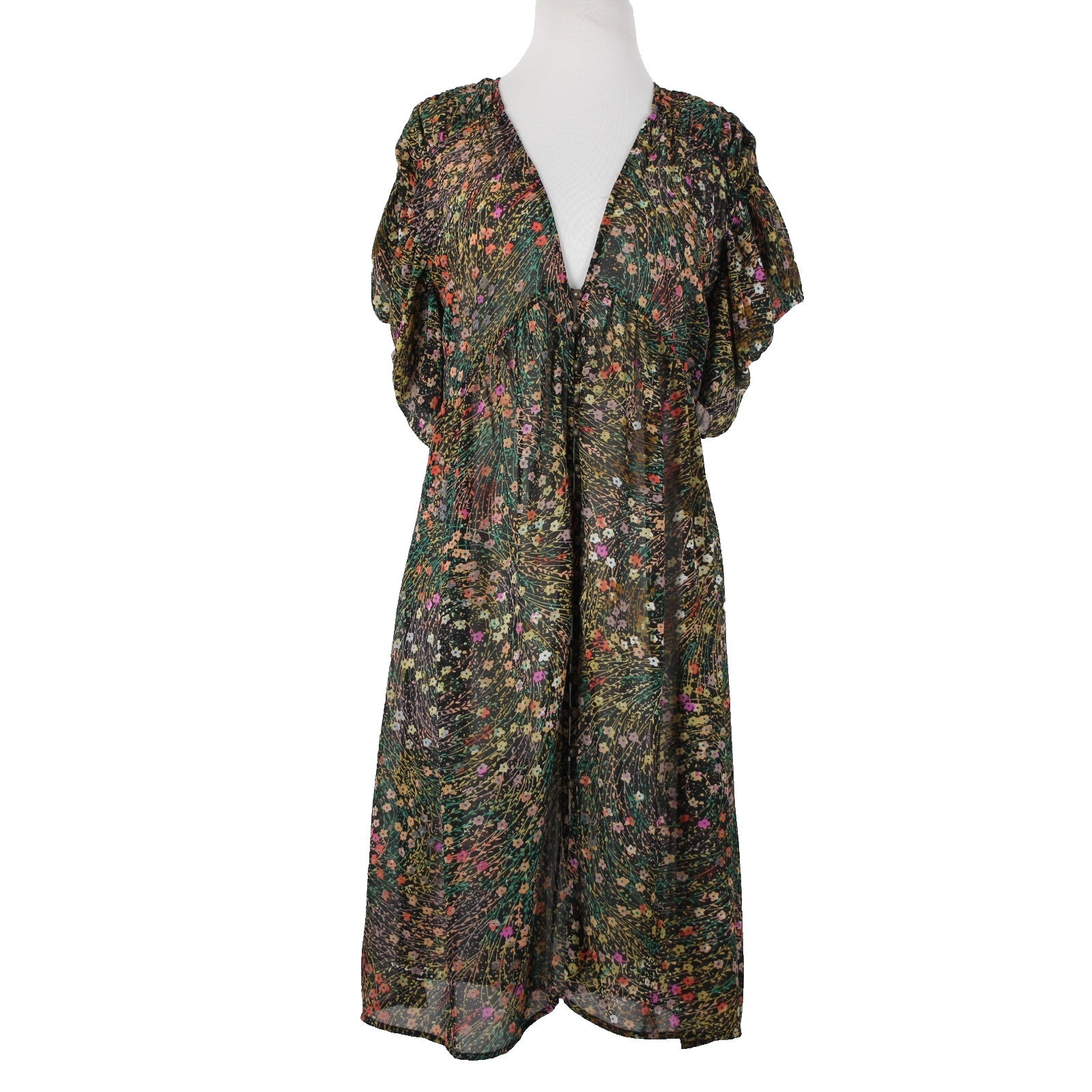 Akemi Kin Sz XS Black Green Multi Color Floral Sheer 100% Polyester Dress