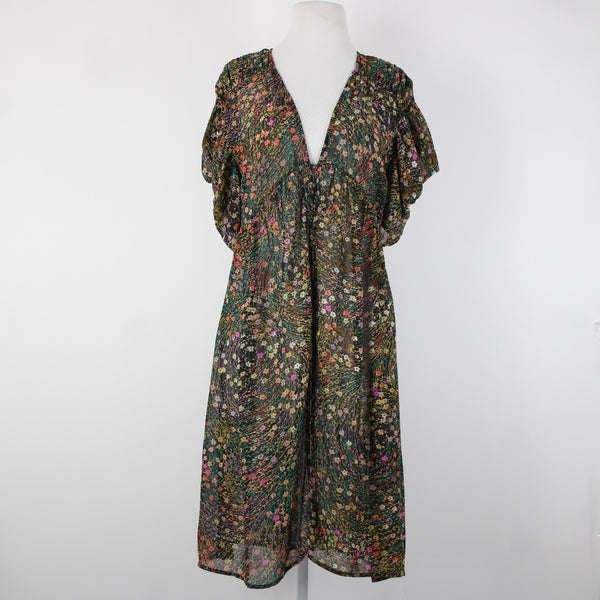Akemi Kin Sz XS Black Green Multi Color Floral Sheer 100% Polyester Dress
