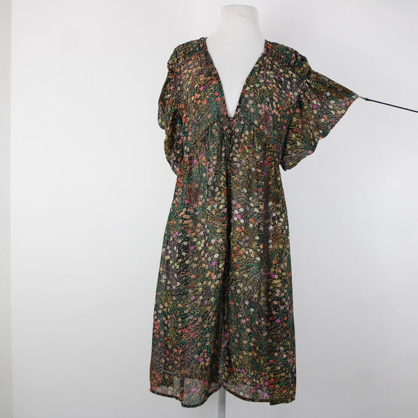 Akemi Kin Sz XS Black Green Multi Color Floral Sheer 100% Polyester Dress