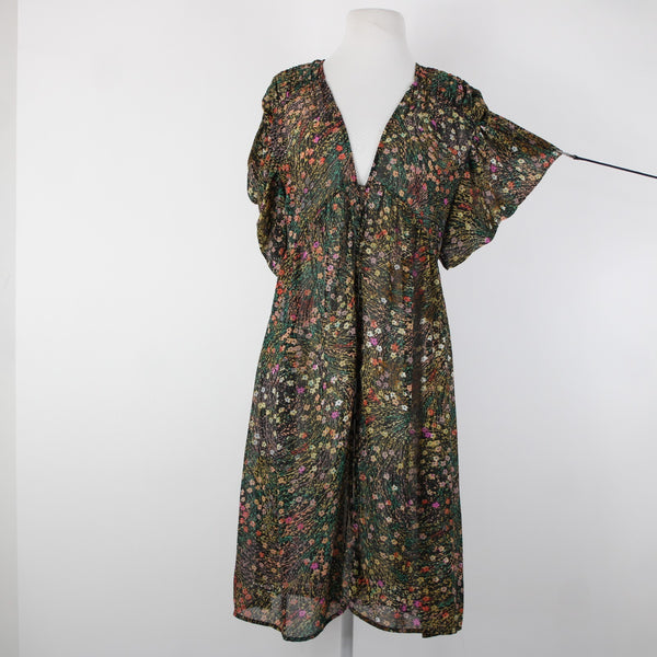 Akemi Kin Sz XS Black Green Multi Color Floral Sheer 100% Polyester Dress