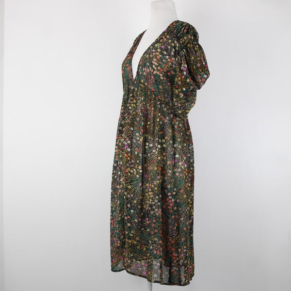 Akemi Kin Sz XS Black Green Multi Color Floral Sheer 100% Polyester Dress
