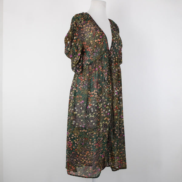 Akemi Kin Sz XS Black Green Multi Color Floral Sheer 100% Polyester Dress