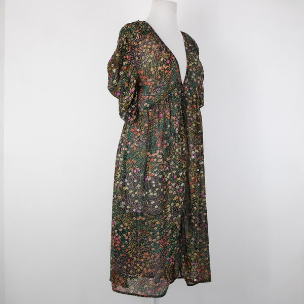 Akemi Kin Sz XS Black Green Multi Color Floral Sheer 100% Polyester Dress