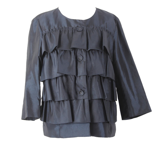 Jaipur Jacket Sz L Navy Blue Sheen Ruffled Buttons Crop 100% Polyester Jacket