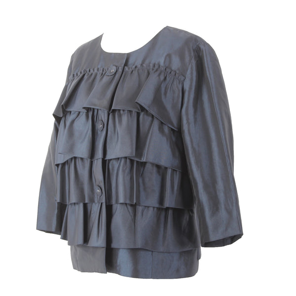 Jaipur Jacket Sz L Navy Blue Sheen Ruffled Buttons Crop 100% Polyester Jacket
