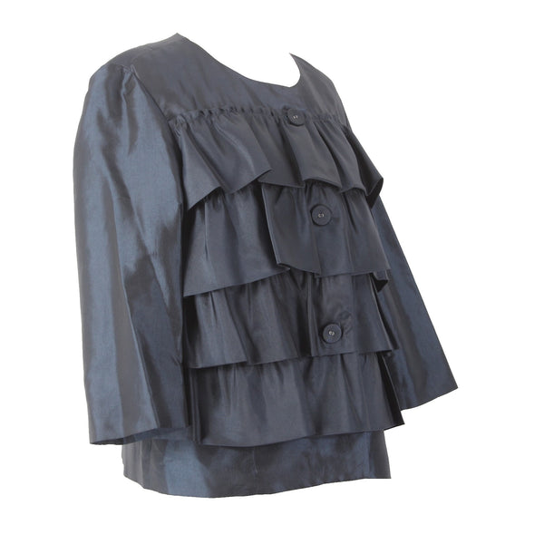 Jaipur Jacket Sz L Navy Blue Sheen Ruffled Buttons Crop 100% Polyester Jacket