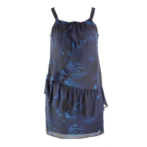 Simply Vera Wang Sz 10 Navy Teal Black Ruffle Hip & Front Polyester Dress