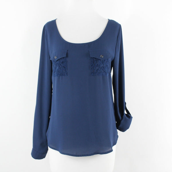 Mine Sz S Navy Blue Lace Inserts Tab Sleeves Polyester Cotton Nylon Top