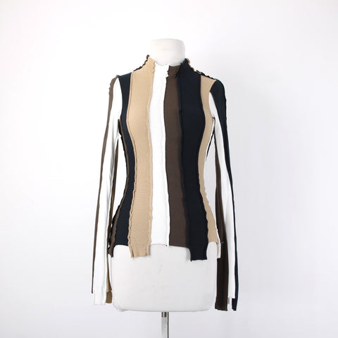 Interior Top NEW Sz S Brown White Tan Color Block Collared 100% Cotton Top