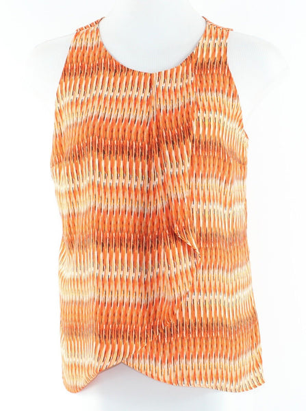 Worthington Sz L Orange Black Tan Multi Drapey Front Pleat Polyester Top