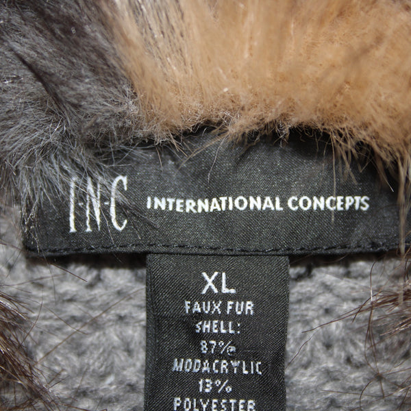 INC Radiance NEW $139 Sz XL Brown Tan Faux Fur Gray Chunky Knit Bohemian Vest
