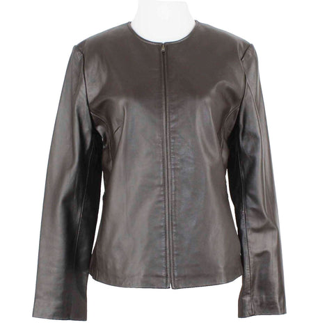 Charter Club Sz 10 Dark Brown Lined Zip Up Smooth Leather Jacket