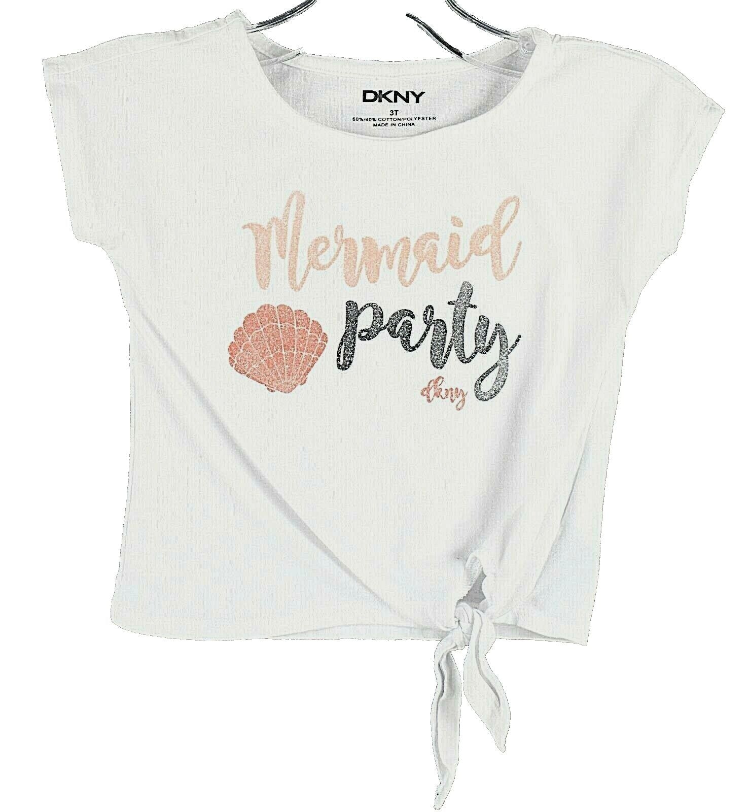 DKNY Sz 3T Girls White Peach Black Glitter 'Mermaid Party' Cotton Blend Top