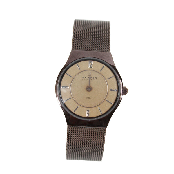 Skagen Denmark Sz 8in Adjustable Bronze Metal Mesh Slim Stainless Steel Watch
